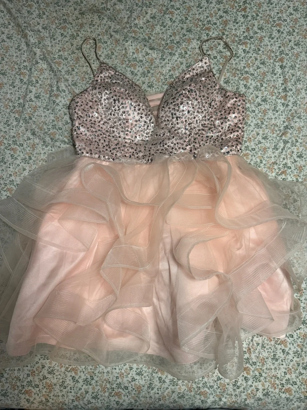 Blush Pink Sequined Spaghetti Strap Prom Dress - Picture 1 of 3